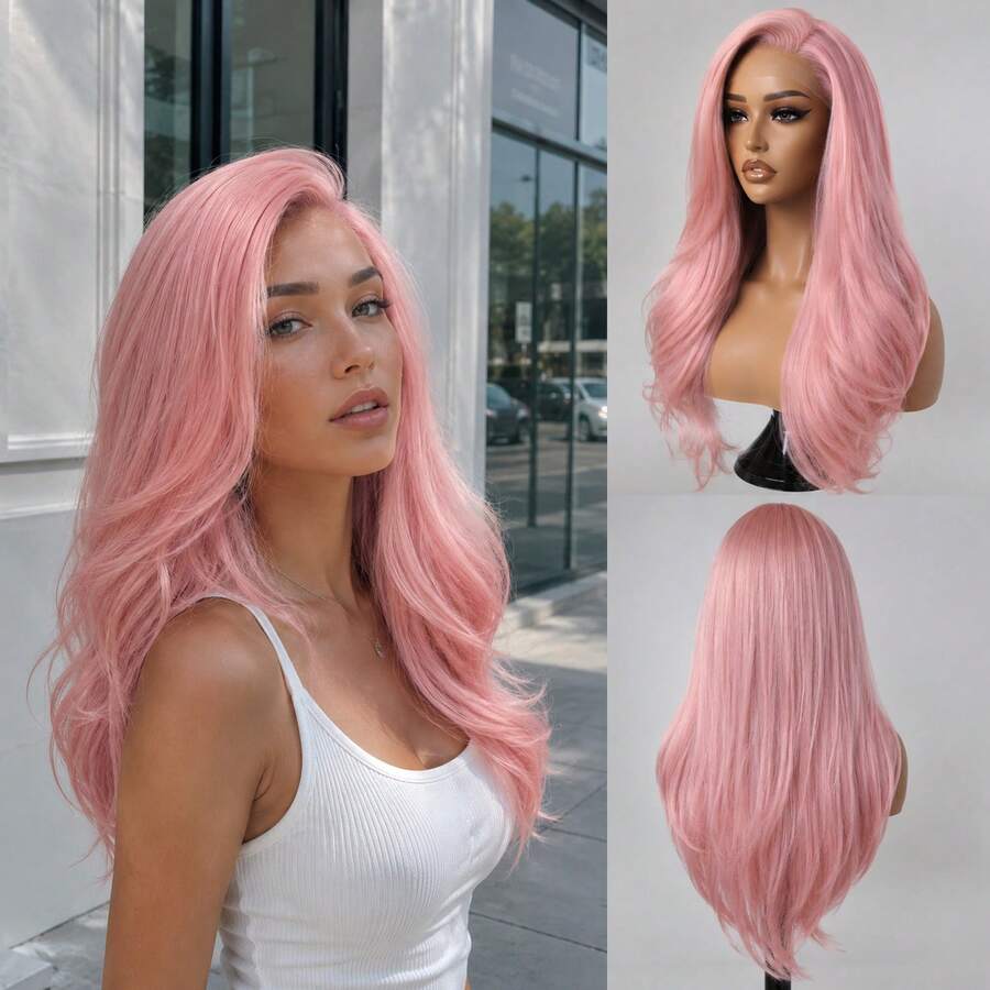 26 Inch Gradient Gold 4x6 Lace Closure Wig, Glueless Pre-Plucked Synthetic Hair, Women's Long Wavy Layered Heat-Resistant Wig, Natural Dark Roots - Multicolor - View 1