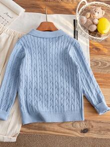 Boys' Blue Turn-Down Collar Half-Zip Long Sleeve Knitted Sweater With 3D Cable Knit Pattern, Minimalist Preppy Casual Versatile Pullover, Suitable For School Daily Wear In Spring, Autumn And Winter - Blue - View 2