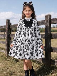 Tween Girls Kids Autumn/Winter Black Floral Print Bow Contrast Color Ruffle Hem Loose Doll Style Cute Casual Vacation Street Daily Wear Short Long Sleeve Dress - Multicolor - View 7