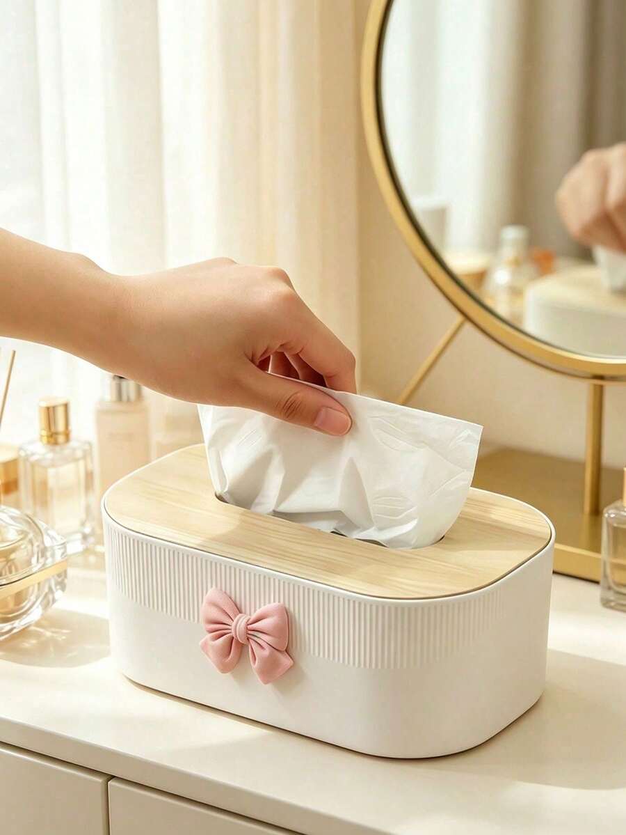Cute Bow Decor Tissue Box, Minimalist Wood Grain Napkin Dispenser, Bedroom Living Room Office Desktop Tissue Holder, Home Decor Organizer, Rectangular Vertical Striped Tissue Storage Rack, Bedroom, Living Room, Office, Car Desktop Napkin Container, Beautiful Home Decor Organizer, Gift Choice - Multicolor - View 1