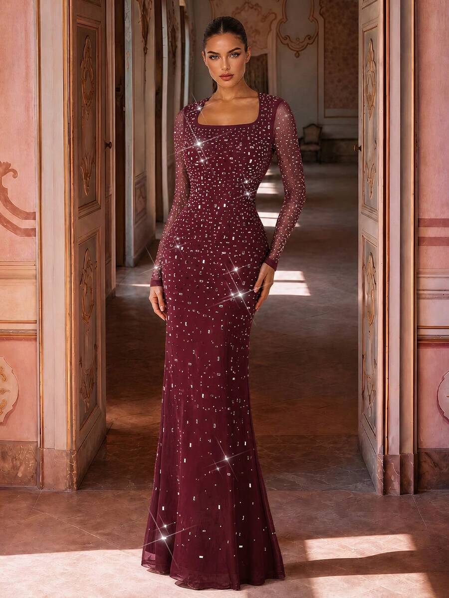 QOQ Women's Long Sleeve Mesh Rhinestone Formal Evening Gown, Square Neck Bodycon Mermaid Prom Dress, Elegant Cocktail Wedding Guest Party Maxi Dresses - Burgundy - View 1