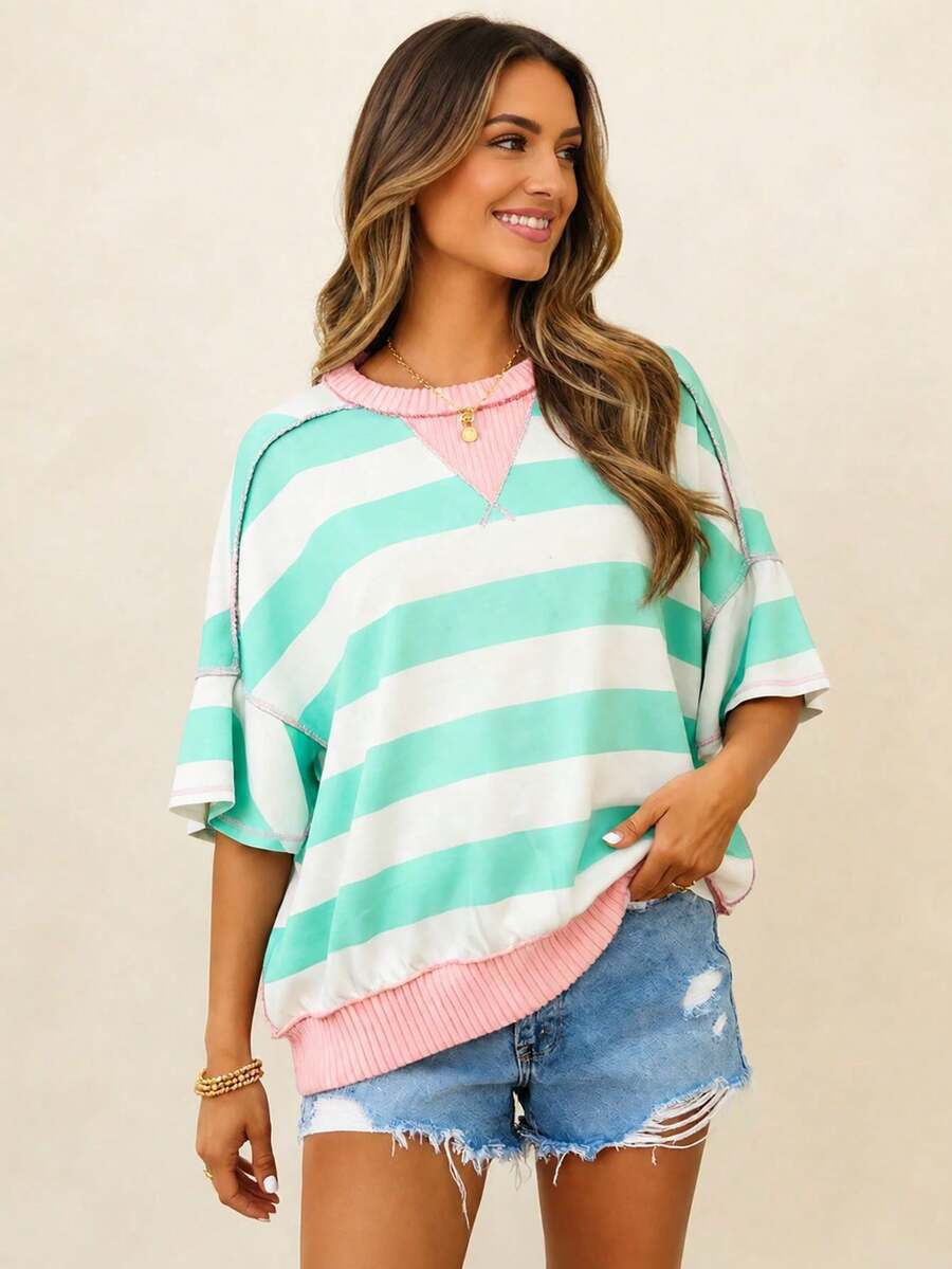 Acelitt Loose Green Striped Top With Pink Ribbed Trim, Casual Dropped Shoulder Short Sleeve Summer - Multicolor - View 1