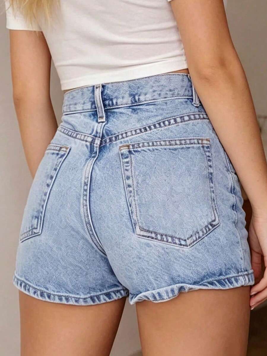 Teen Girl Retro American Style Gray Denim Shorts, High Waist Versatile Jeans - Light Wash - View 1