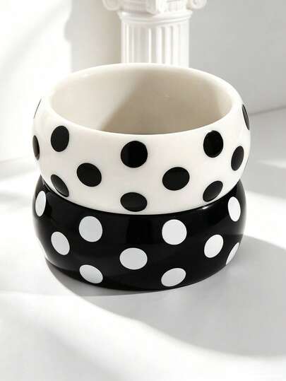 1/2pcs Vintage Black And White Polka Dot Resin Wide Bracelet For Women, Glossy Black Base With White Dots, C-Shaped Wide Bangle, French Retro Commute Versatile Accessory, Holiday Gift