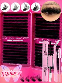 640/200pcs D-Curl Single Lash Extensions Large Capacity Lash Book, Includes Adhesive And Sealer, Tweezers, Brush, DIY Home Lash Extension Kit For Beginners, Easy To Use, Fluffy Dense Natural Look, Suitable For Daily/Light/Heavy/Cosplay Makeup - Rose Red - View 4