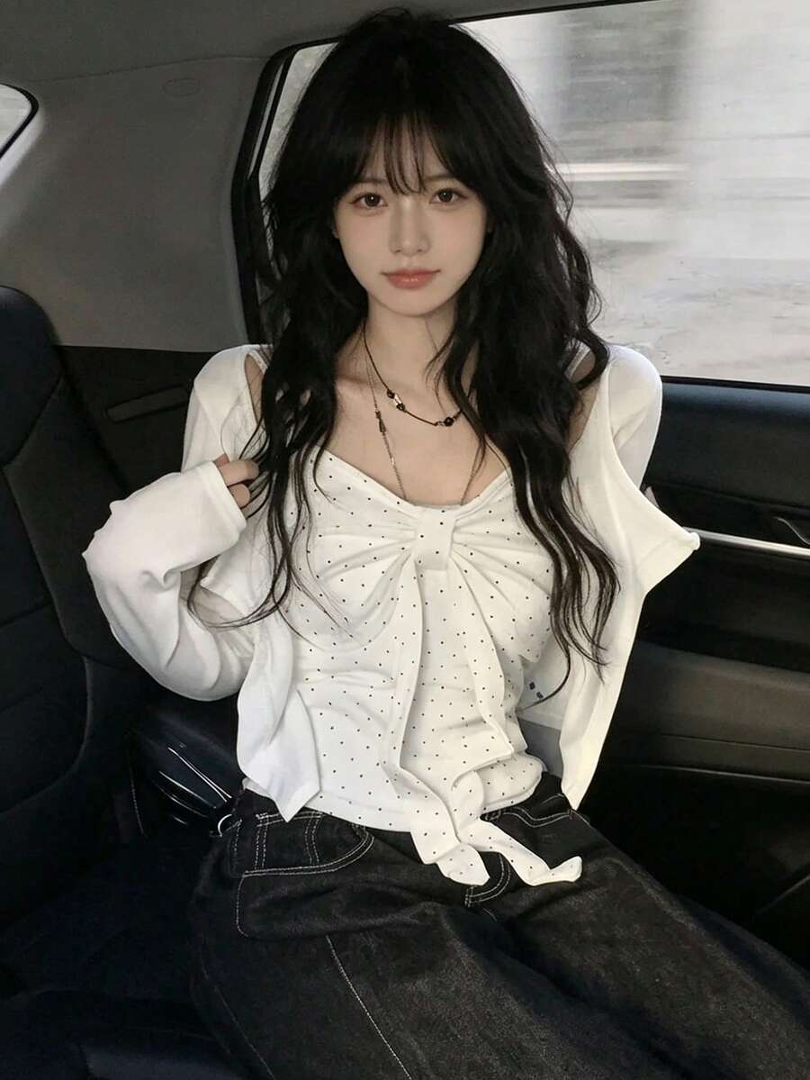 YCYC Korean Style Girl Polka Dot Ruffle Bow Camisole Top Long Sleeve Sun Protection Cardigan 2pcs Set - Apricot - View 1