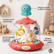 1Pc Baby Toy Press And Spin Fun,3 In 1 Press And Rotate Toy,Baby Activity Ring Toss Game,Carousel Theme Toy,18 Months+ Toddle Education Brain Toy Gift - Multicolor - View 7