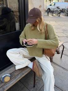Sweater Rajut Tebal Leher Bulat Wanita, Pullover Pendek Longgar Lengan Panjang Bahu Jatuh, Atasan Rajut Warna Polos untuk Perjalanan Sehari-hari Musim Gugur/Dingin - Hijau - View 2