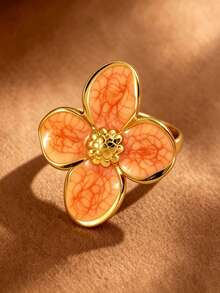 1pc Minimalist Style Enamel Floral Stainless Steel Ring For Women, Suitable For Outings And Gatherings - Yellow Gold - View 1