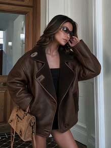 Jaket Wanita dengan Kerah Lapel Bulu Domba - Coffee Brown - View 4