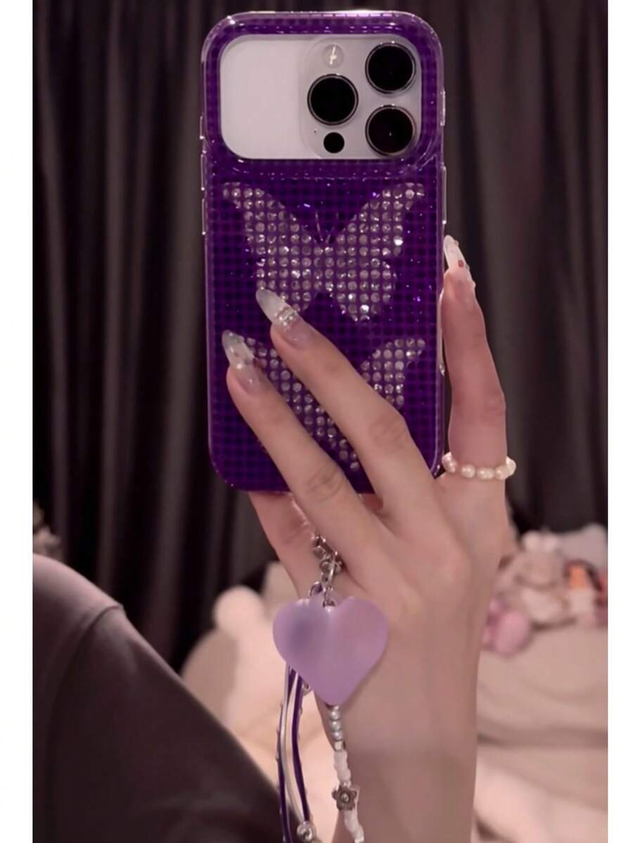 Ins Vintage Polka Dot Butterfly Solid Color Protective Case Compatible With Iphone 17 Pro Max/16 Pro/15, Personalized Women's Anti-Drop Girly Phone Shell - Purple - View 1