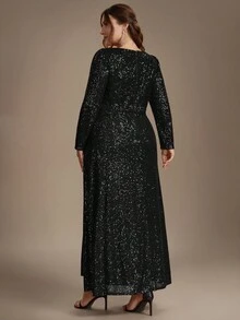 EVERPRETTY Autumn/Winter Plus Size Elegant Luxury Heavy Embellished Sequin Embroidery Straight Black Formal Evening Gown Suitable For Dinner Party Anniversary - Black - View 4