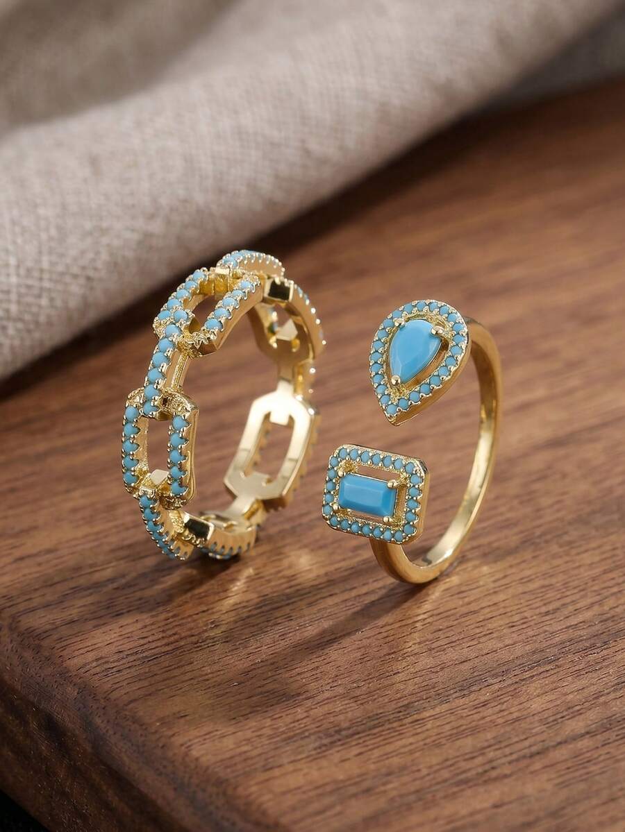 2pcs Fashion Water Drop Square Hollow Lock Ring Asymmetrical Open Blue Turquoise Ring Set - Style 8 - View 1