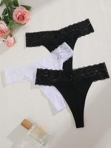 3件組女款純色蕾絲飾邊拼接輕量V腰性感丁字褲，尺寸偏小 - 黑與白 - 查看 2