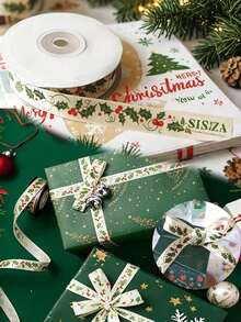 1pc 5-Yard Christmas Red Berry And Holly Leaf Ribbon - Gold Foil Christmas Gift Ribbon, Suitable For Gift Box Wrapping, Bouquet Wrapping, DIY Bows And Holiday Wreath Accessories, Christmas Decorative Ribbon. - One Size Fits All - View 1