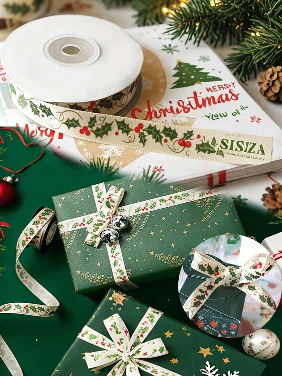 1pc 5-Yard Christmas Red Berry And Holly Leaf Ribbon - Gold Foil Christmas Gift Ribbon, Suitable For Gift Box Wrapping, Bouquet Wrapping, DIY Bows And Holiday Wreath Accessories, Christmas Decorative Ribbon. - One Size Fits All - View 1
