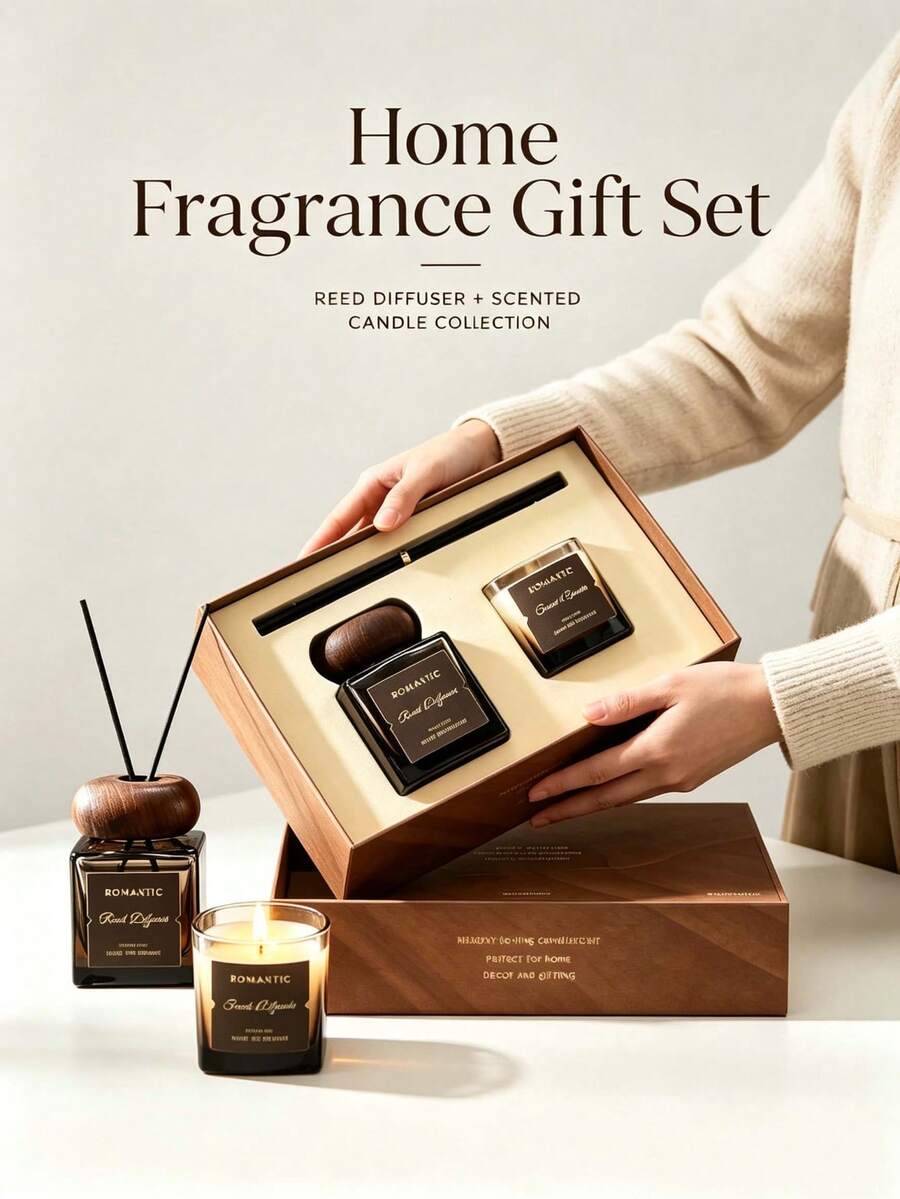 Aromatherapy Gift Set, Reed Diffuser & Scented Candle Kit, Wood Fragrance Home Aroma Decor For Bedroom Living Room, Holiday Birthday Gift For Women - Scented Candle Set - View 1
