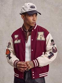 Men's Colorblock Patchwork Letter Embroidery Baseball Jacket, Autumn, Casual, Graduation, Back To School, Letter Varsity Jacket - Hot Pink - View 10