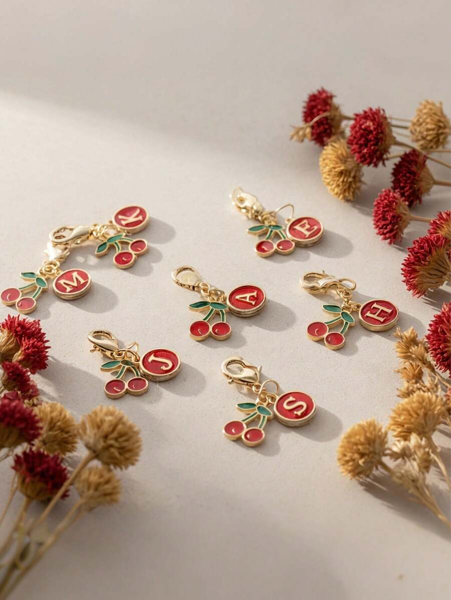 Zinc Alloy Cherry Pendant And Letter Charm Keychain, Bag, Backpack, Wallet, Document Bag, Car Key Accessory Pendant, Holiday Party Gift, Birthday Gift, Back To School Gift, Creative Handmade Keychain - Multicolor - View 1