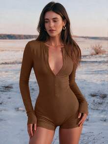Mystra Casual Button Decor Fitted Jumpsuit, Spring/Autumn - Brown - View 1
