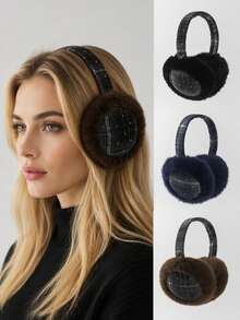 GARASSACC 1pc Women's Plaid Rhinestone Plush Warm Foldable Earmuffs - Multicolor - View 1