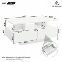 Modernt soffbord med högblank finish, LED-belysning och två lådor: elegant sidobord 90x55x41 cm med förvaringsutrymme, tål upp till 30 kg. - Vitt - Visa 9