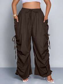 Women's Plus Size Casual Loose Drawstring Pleated Wide Leg Pants - Mocha Brown - View 2