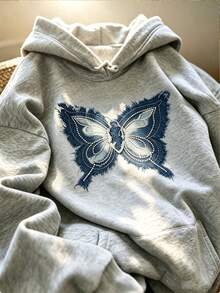 Grey Denim Butterfly Patchwork Sweatshirt, Women's Y2K Sweet & Cool Style, Loose Lazy Casual Top For Autumn/Winter - Light Grey - View 2