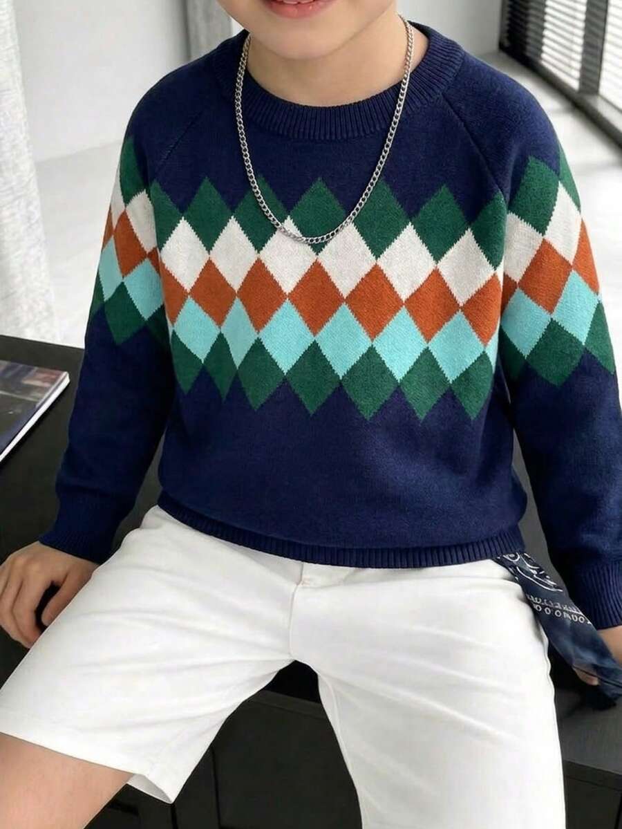 Boys' College Style Contrast Color Plaid Knit Pullover Sweater, Long Sleeve, Suitable For School And Casual Wear, Spring, Autumn, Winter - Navy Blue - View 1