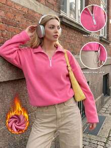 Half Zip Sherpa Pullover Drawstring Hem Cozy Athleisure Outdoor Casual Daily Fall Winter Outfits - Pink - View 7