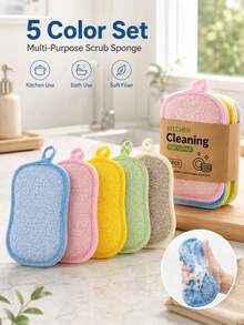 Multi-Purpose Scrub Sponge Set, Double-Sided Cleaning Pads W,Hanging Loop, Soft Fiber Dishwashing & Kitchen Scrubber, Bath Body Scrub Pad, Reusable Household Tools,Home,Kitchen,Bath, Gift For Moms,Home Organizers,Cleaners, Mother's Day,Christmas - Multicolor - View 1