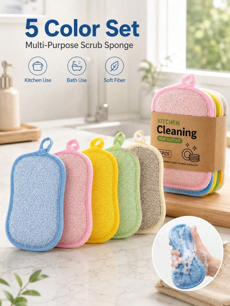 Multi-Purpose Scrub Sponge Set, Double-Sided Cleaning Pads W,Hanging Loop, Soft Fiber Dishwashing & Kitchen Scrubber, Bath Body Scrub Pad, Reusable Household Tools,Home,Kitchen,Bath, Gift For Moms,Home Organizers,Cleaners, Mother's Day,Christmas - Multicolor - View 1