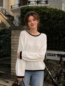 Women's Fall Winter White Knit Top Boat Neck Long Sleeve Drop Shoulder Semi-Sheer Sweater For Daily Wear - White - View 4