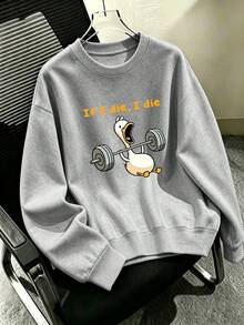 Plus-Size Women's Casual Sporty Crewneck Sweatshirt With A Fun Weightlifting Duck "If I Die, I Die" Slogan Graphic Print Perfect For Autumn And Winter - Grey - View 7
