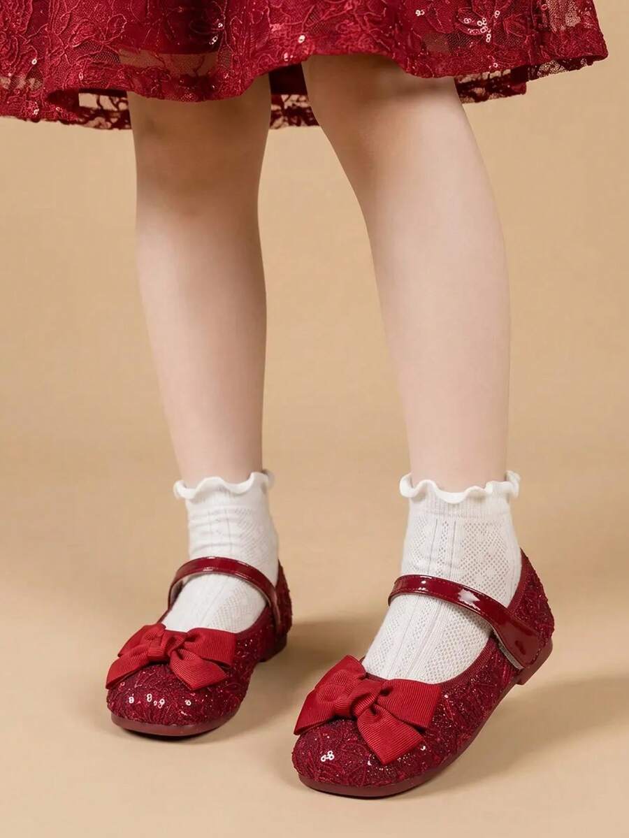 Fashionable & Beautiful Bow Girls' Autumn/Winter Flat Shiny Party Shoes - Burgundy - View 1