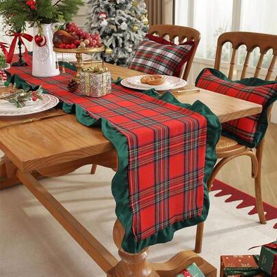 1pc Christmas Plaid Dual-Panel Velvet Fabric Ruffle Table Runner, Suitable For Christmas Holidays And Home Decor