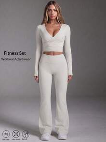 Setelan Olahraga Kasual Wanita 2 Potong, Atasan Lengan Panjang Model V Neck dengan Bantalan yang Dapat Dilepas, Model Wrap dengan Detail Kerut di Bagian Dada dan Simpul di Belakang, Celana Panjang Model Flare Skinny untuk Aktivitas Olahraga, Pakaian Olahraga Gym - Grey - View 1