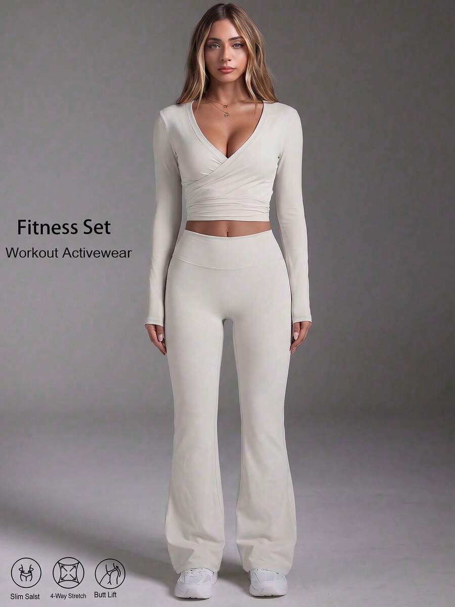 Setelan Olahraga Kasual Wanita 2 Potong, Atasan Lengan Panjang Model V Neck dengan Bantalan yang Dapat Dilepas, Model Wrap dengan Detail Kerut di Bagian Dada dan Simpul di Belakang, Celana Panjang Model Flare Skinny untuk Aktivitas Olahraga, Pakaian Olahraga Gym - Grey - View 1