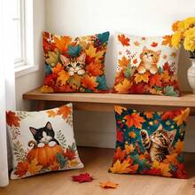 4件/1件裝 秋季楓葉貓咪圖案枕套（不含枕芯），單面印花，適用客廳、臥室居家裝飾，四季通用枕套 - 多色01 - 查看 10