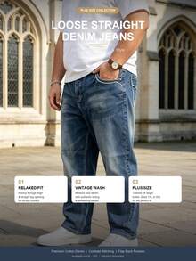 Men's Plus Size Elastic Wide Leg Jeans, Gradient Washed Stretch Denim Pants, Street Casual Daily Trousers - Navy Blue - View 5