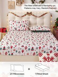 2/3pcs Christmas Ball & Bell Print Fitted Sheet Set, Mattress Protector, Mattress Cover, Suitable For Various Bed Sizes-Twin, Full, Queen, King, Fits 9-12 Inch Deep Mattresses, Machine Washable, Ideal For Home Bedding And Student Dorms - Multicolor - View 2