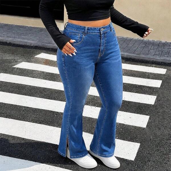 Büyük Beden Kadın Yüksek Esnek Denim İspanyol Paça Pantolon, Uzun ve Rahat, Kedi Bıyığı Dokulu ve Yırtmaç Detaylı, Günlük Sonbahar Stili