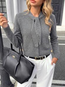 Women's Fashion Grey Knitted Cardigan Sweater With Bow Decor, Long Sleeve Button-Up Top, Suitable For Autumn And Spring - Grey - View 7