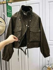 European & American Hot-Selling Women's Fashion Commuter Versatile Daily Outing Leopard Print Zipper Stand Collar Short Jacket Coat Suitable For Spring Autumn Winter - Army Green - View 1