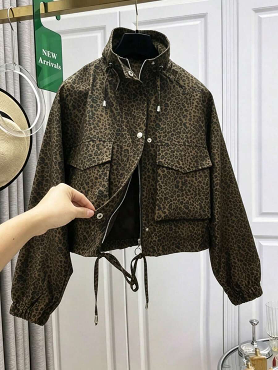 European & American Hot-Selling Women's Fashion Commuter Versatile Daily Outing Leopard Print Zipper Stand Collar Short Jacket Coat Suitable For Spring Autumn Winter - Army Green - View 1