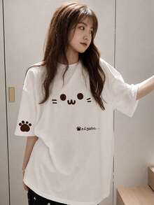 Japanese Style Women Loose Round Neck Casual Cartoon Cat & Letter Print Short Sleeve T-Shirt, Spring/Summer White - White - View 1