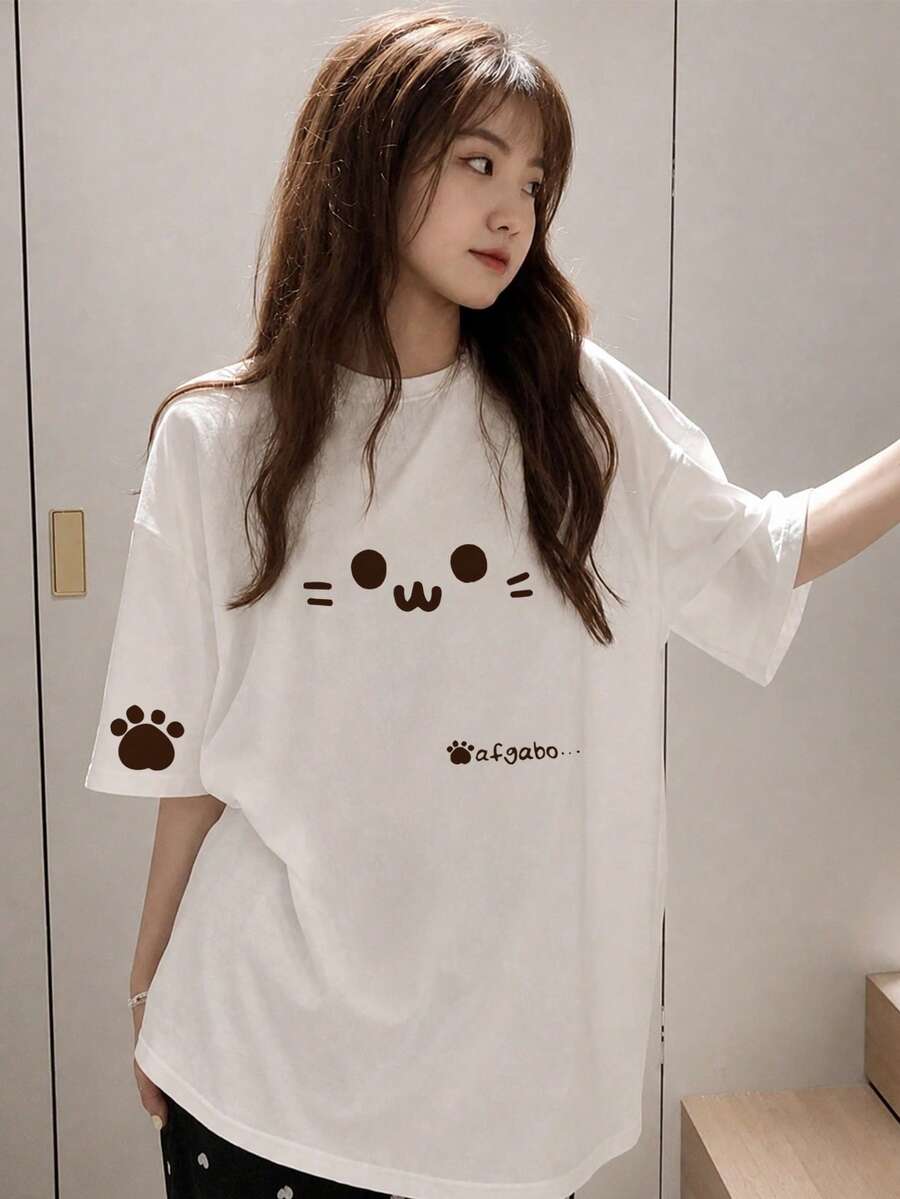 Japanese Style Women Loose Round Neck Casual Cartoon Cat & Letter Print Short Sleeve T-Shirt, Spring/Summer White - White - View 1