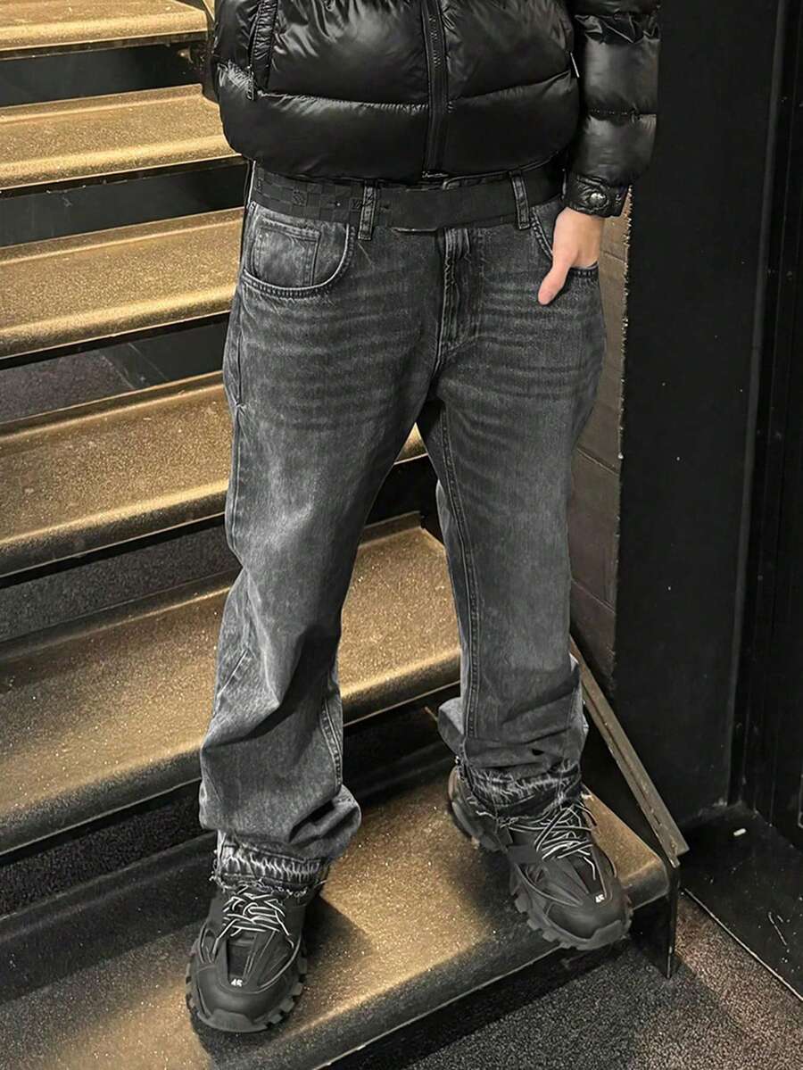 Men's Denim Jeans Flared Leg Jeans, Slim Fit Distressed Flare Leg Jeans, Y2K Stacked Jeans, Versatile Washed Embroidered Jeans For All Seasons - Black - View 1