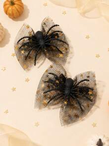 2pcs Halloween Spider Decor Gold Star Tulle Bows Alligator Clips Cosplay Costume Photo Prop Party Daily Hair Clips Kids Hair Accessories - Black - View 6