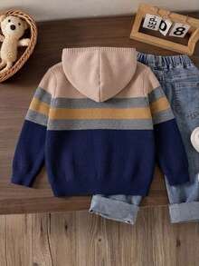 Boys Toddler College Style Colorblock Striped Hooded Knit Cardigan Sweater Jacket Long Sleeve Suitable For School Daily Wear Spring Autumn Winter - Apricot - View 5